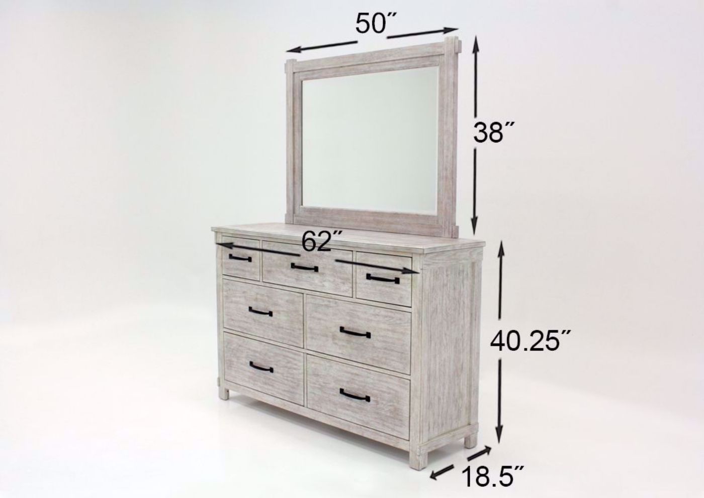 Distressed White Scott Storage Bedroom Set by Elements Showing the Dresser and Mirror Dimensions | Home Furniture Plus Mattress