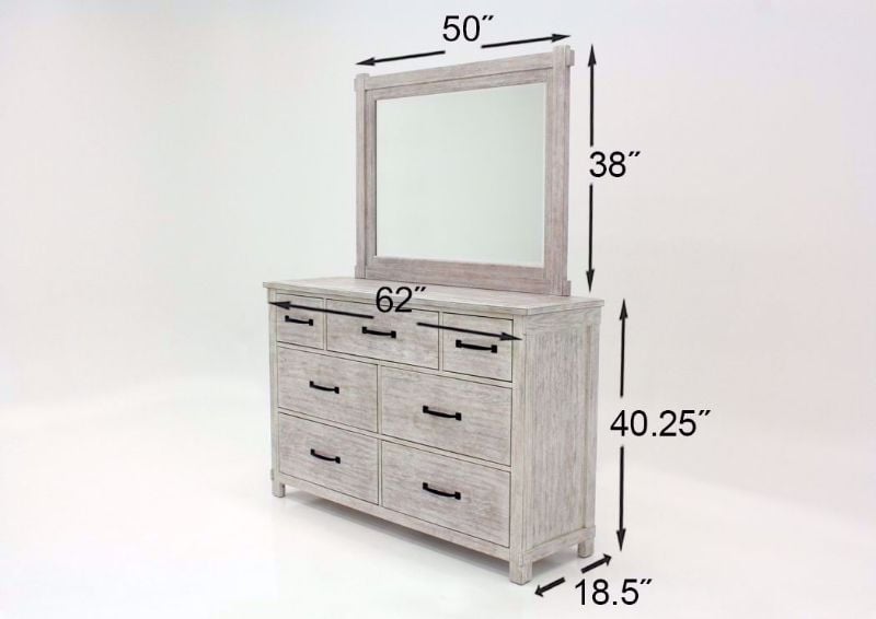 Distressed White Scott Storage Bedroom Set by Elements Showing the Dresser and Mirror Dimensions | Home Furniture Plus Mattress