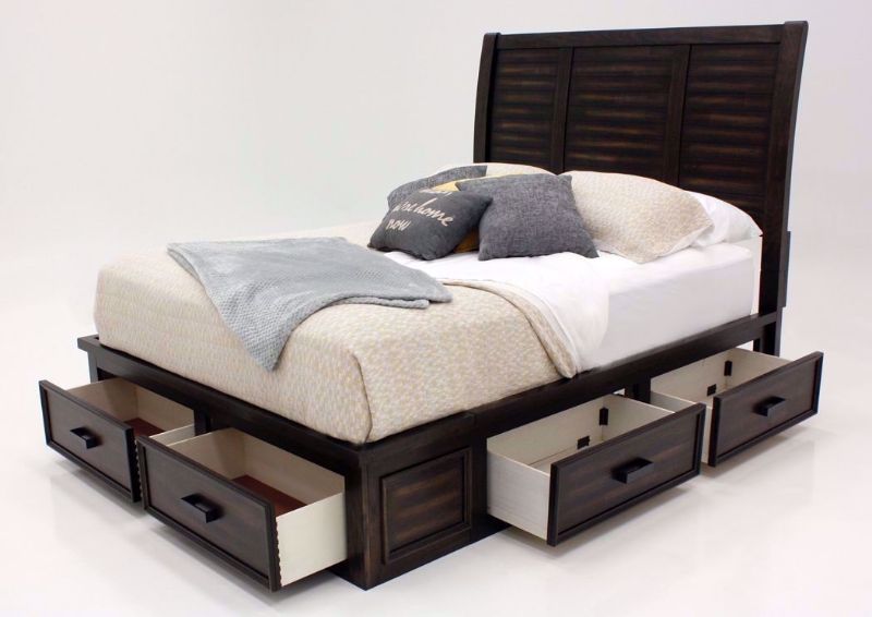 Rustic Dark Gray Sullivan King Size Bed by Elements Showing the Bed at an Angle With the Drawers Open | Home Furniture Plus Mattress
