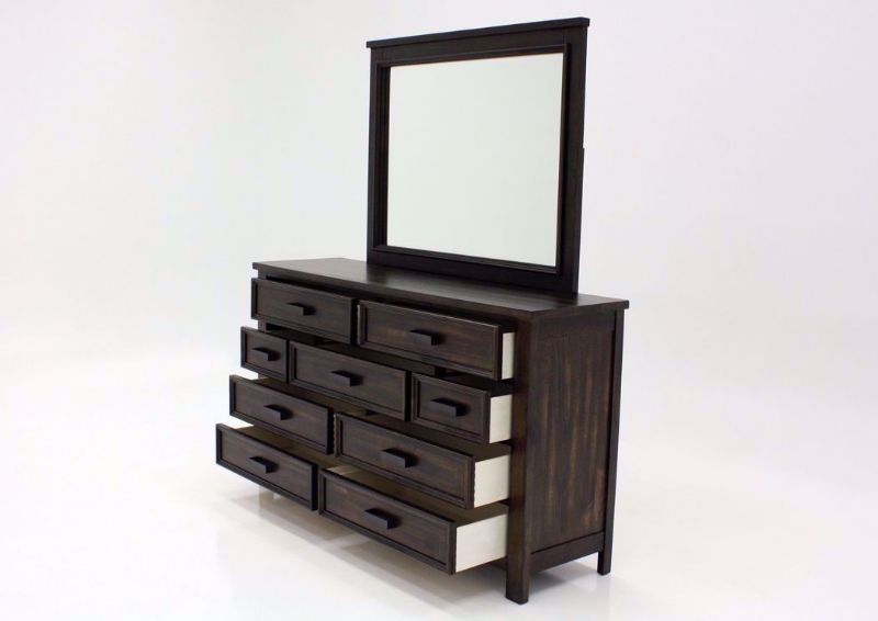 Rustic Dark Gray Sullivan Dresser with Mirror by Elements at an Angle With the Drawers Open | Home Furniture Plus Mattress