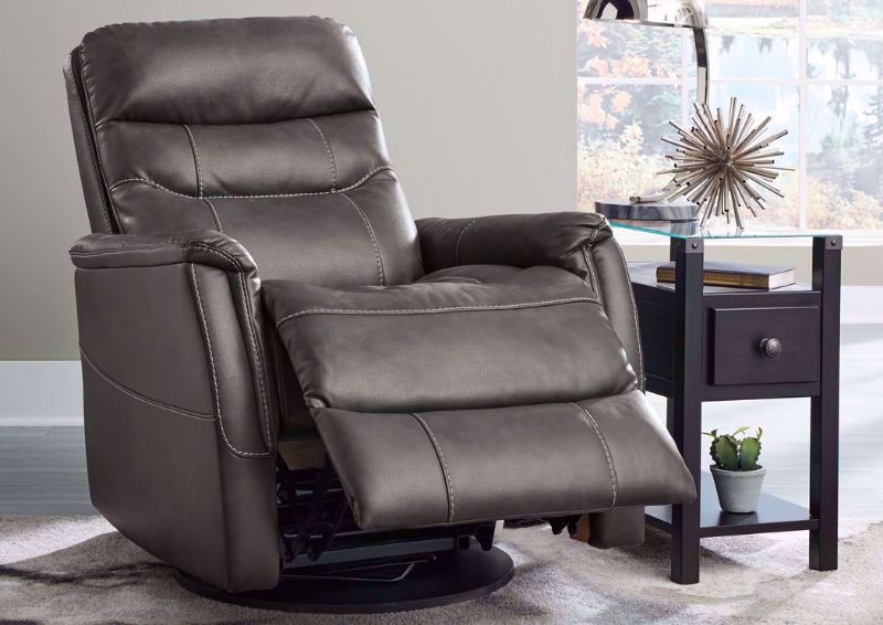 Quarry Gray Riptyme Swivel Glider Recliner by Ashley Furniture at an Angle with the Chaise Open in a Room Setting | Home Furniture Plus Mattress