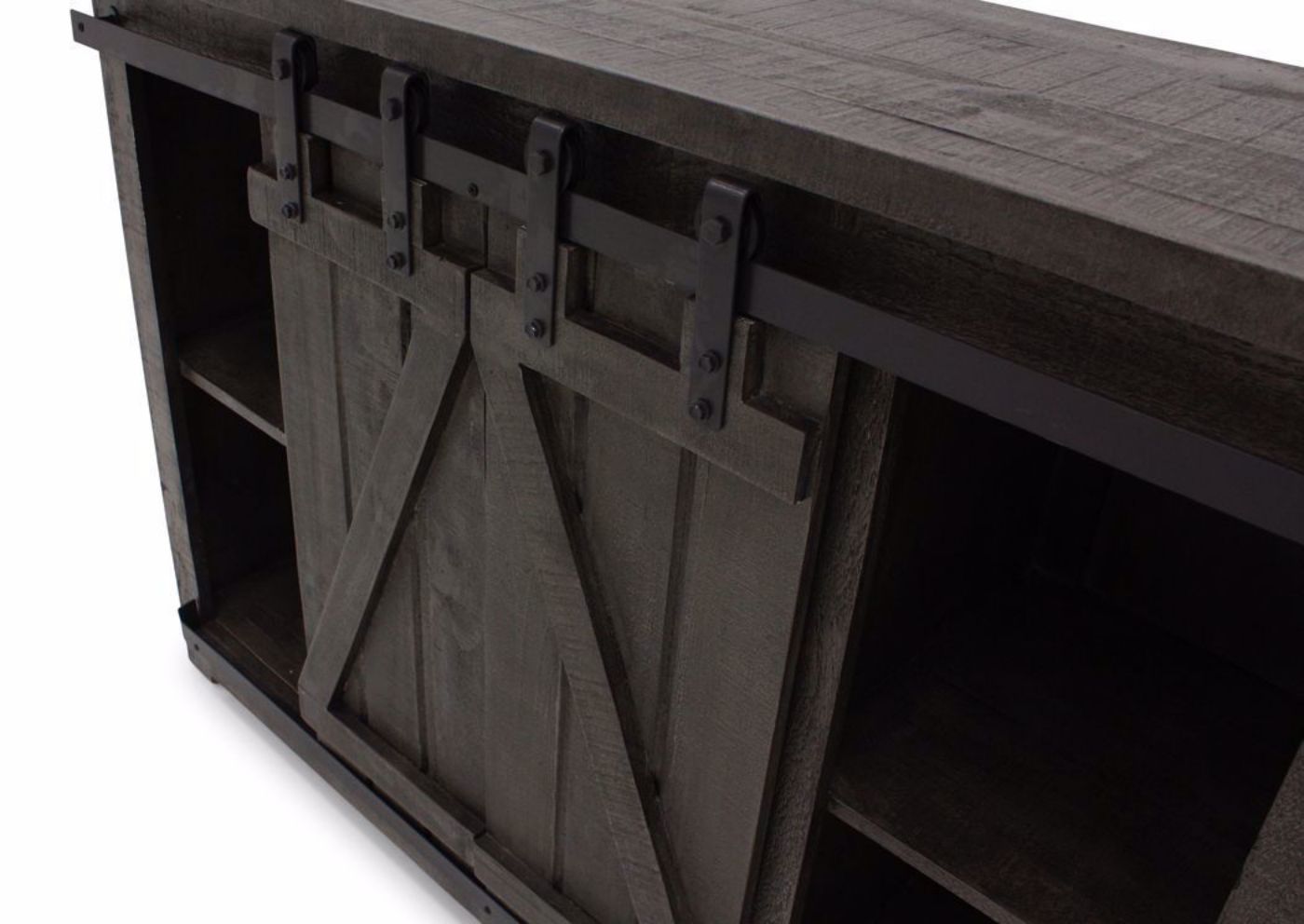 Dark Gray Diego 50” TV Stand by Vintage Furniture Showing the Barn Door Detail | Home Furniture Plus Bedding