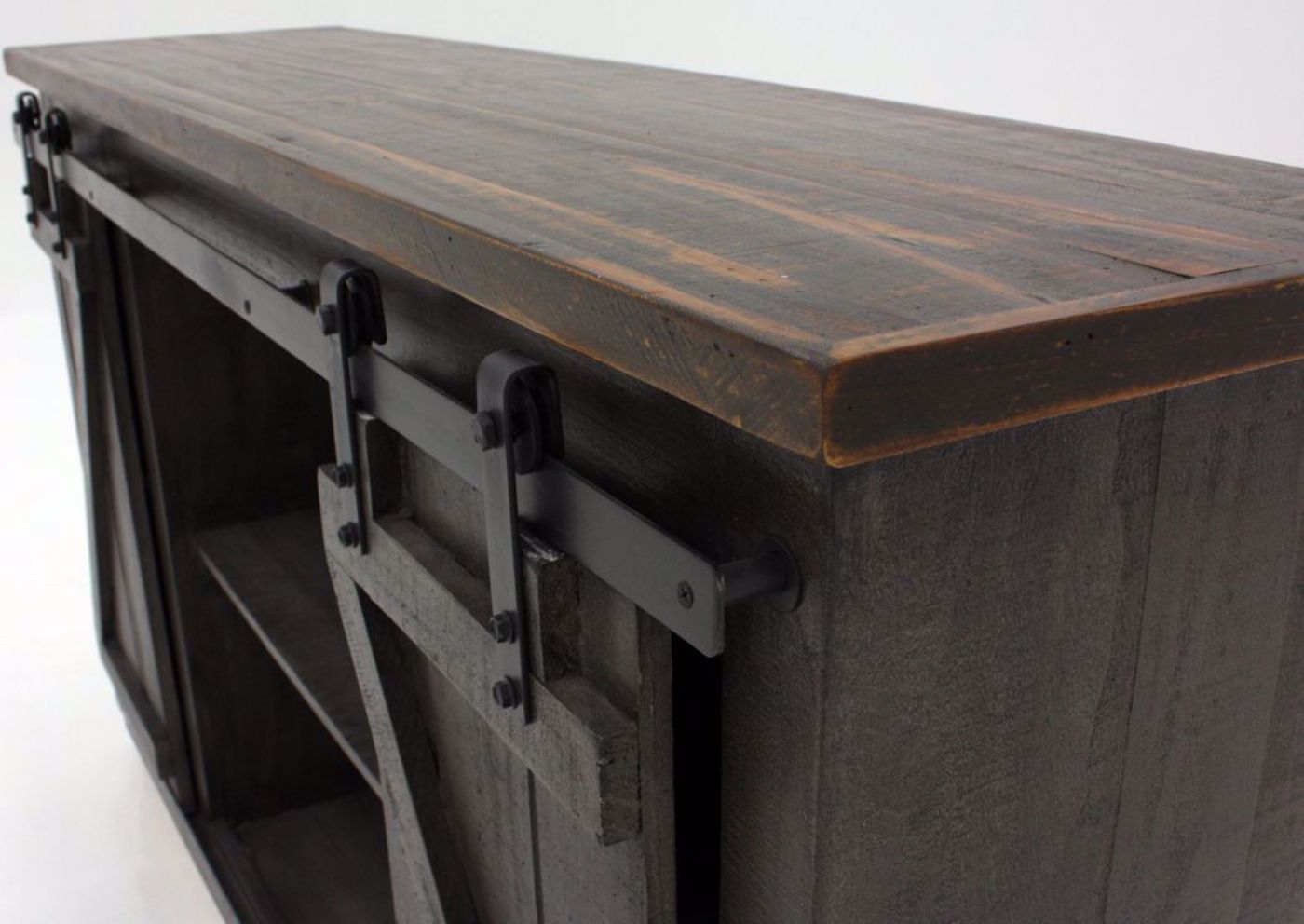 Dark Gray Diego 50” TV Stand by Vintage Furniture Showing the Cabinet Showing the Barn Door Metal Hardware | Home Furniture Plus Bedding