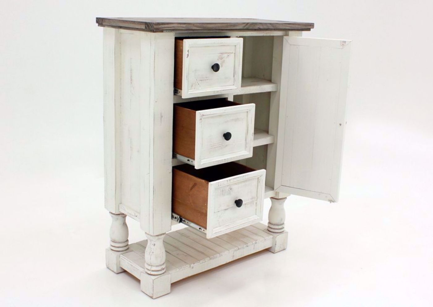 Rustic White Martha Chest by Vintage Furniture at an Angle With the Drawers and Cabinet Open | Home Furniture Plus Mattress
