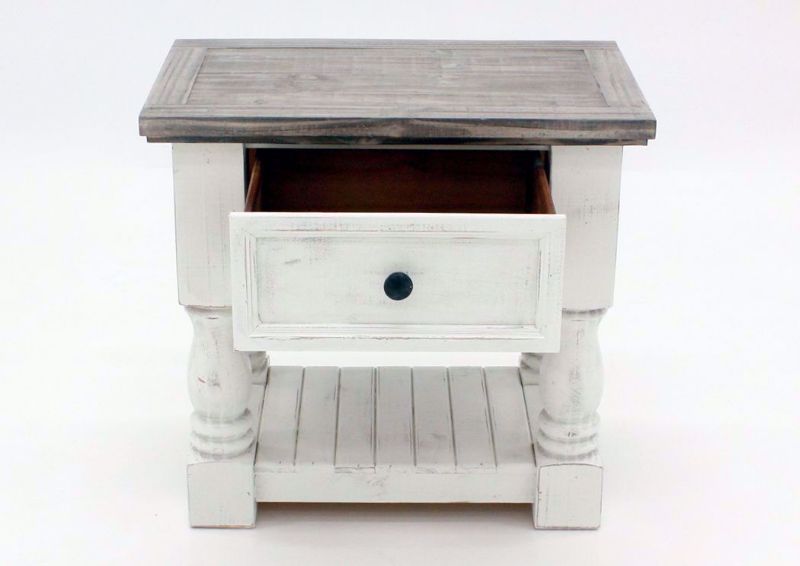 Rustic White Martha Nightstand by Vintage Furniture Facing Front with the Drawer Open | Home Furniture Plus Mattress