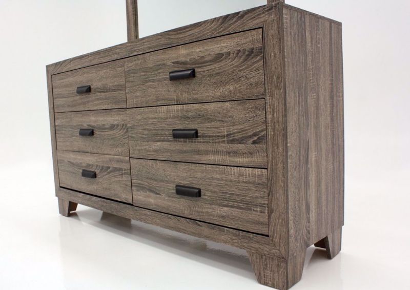 Gray Millie Dresser with Mirror at an Angle Showing the Dresser Front | Home Furniture Plus Mattress