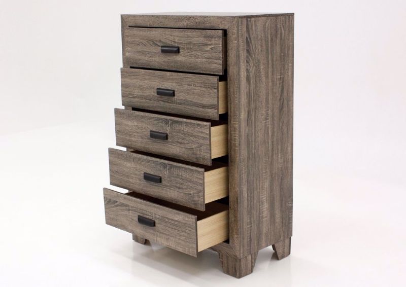 Gray Millie Chest of Drawers at an Angle with the Drawers Open | Home Furniture Plus Mattress