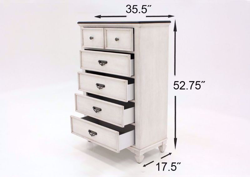 Off White Sawyer Chest of Drawers by Crownmark at an Angle Showing the Dimensions | Home Furniture Plus Mattress