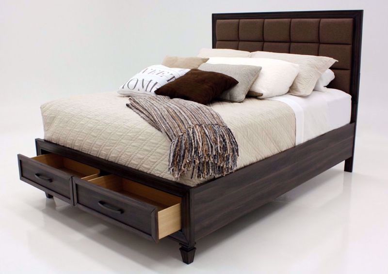 Dark Brown Gemini King Size Bed by Intercon at an Angle With the Footboard Drawers Open | Home Furniture Plus Mattress