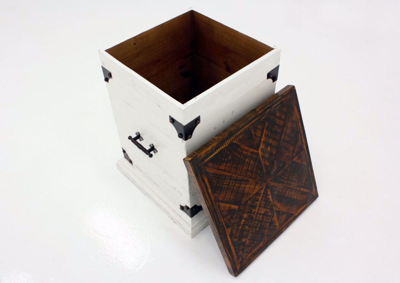 Brown and White Carson Storage End Table by Vintage Furniture Showing the Top Off Showing the Interior | Home Furniture Plus Mattress