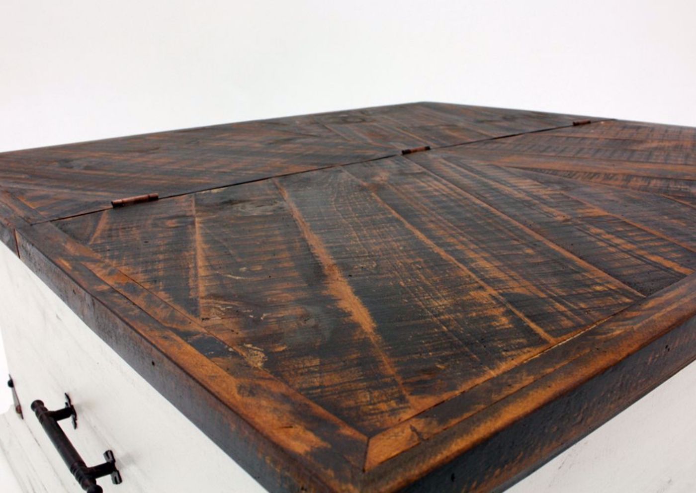Brown and White Carson Storage Coffee Table By Vintage Furniture Showing the Top at an Angle | Home Furniture Plus Mattress
