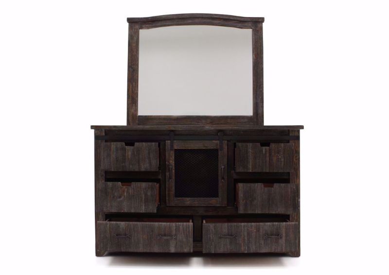Rustic Brown Canyon Dresser with Mirror by Vintage Furniture Facing Front With the Drawers Open | Home Furniture Plus Mattress