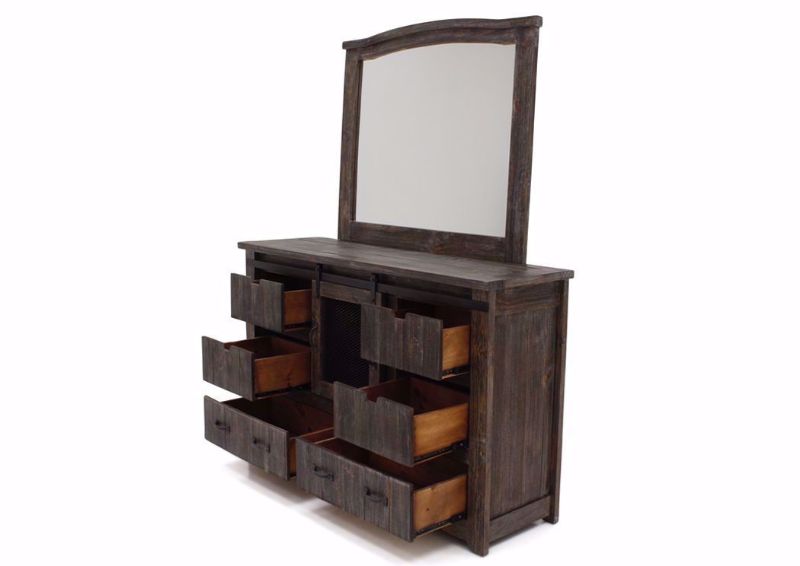 Rustic Brown Canyon Dresser with Mirror by Vintage Furniture at an Angle With the Drawers Open | Home Furniture Plus Mattress