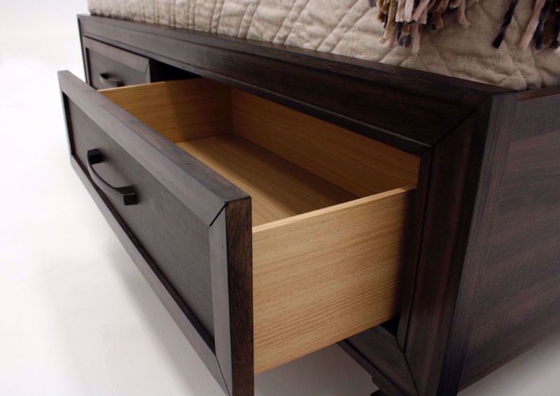 Dark Brown Gemini Queen Size by Intercon Showing the Footboard Drawer Interior | Home Furniture Plus Bedding
