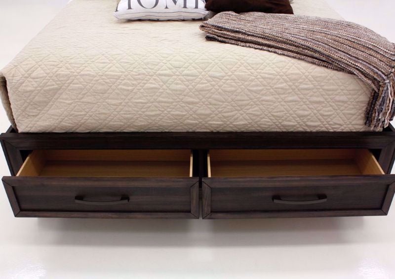 Dark Brown Gemini King Size Bed by Intercon Showing the Footboard Drawers Open | Home Furniture Plus Mattress