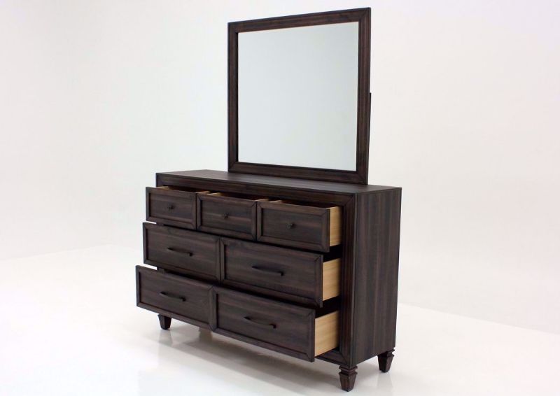 Dark Brown Gemini Dresser with Mirror by Intercon at an Angle With the Drawers Open | Home Furniture Plus Mattress