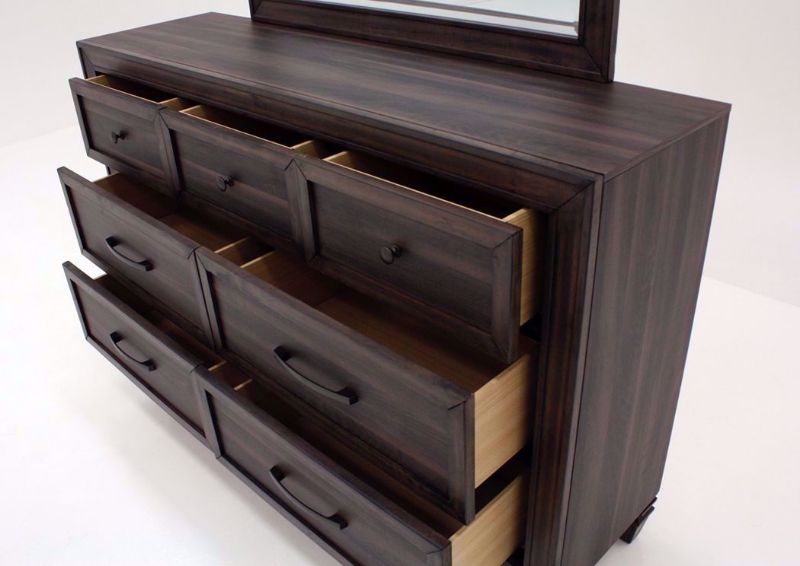 Dark Brown Gemini Dresser with Mirror by Intercon Showing a Close Up of Base With the Drawers Open | Home Furniture Plus Mattress