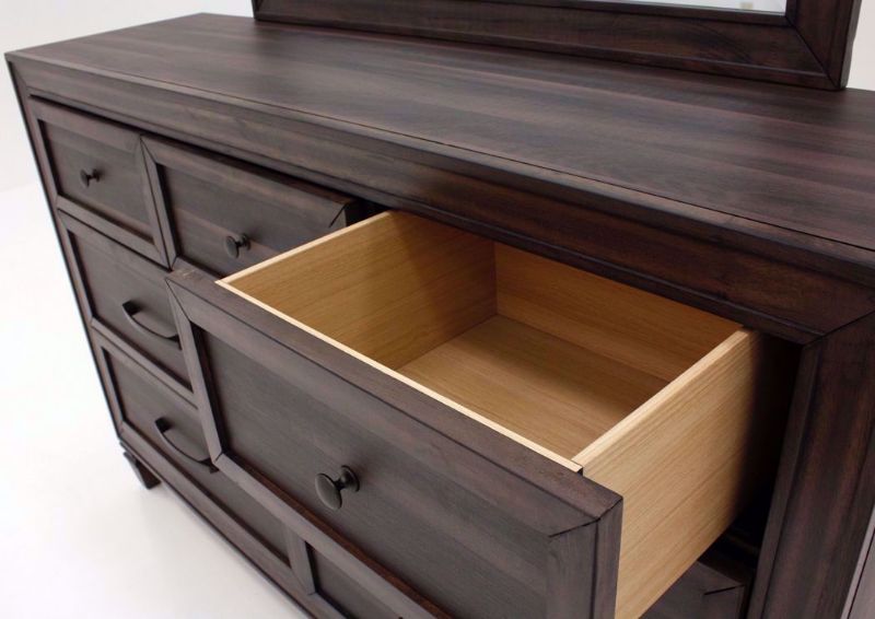 Dark Brown Gemini Dresser with Mirror by Intercon Showing the Drawer Interior | Home Furniture Plus Mattress