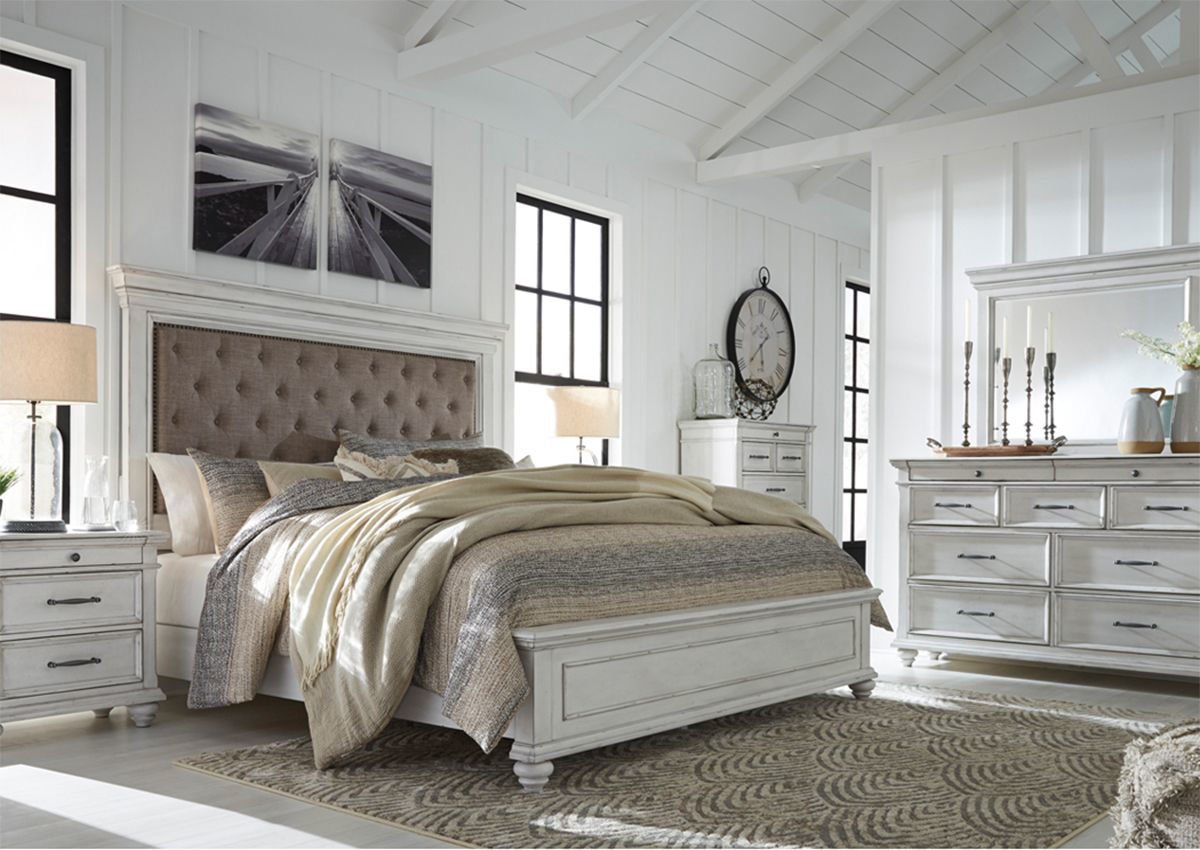 kanwyn queen size upholstered bedroom set - white | home furniture