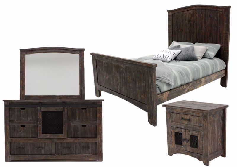 Rustic Brown Canyon Bedroom Set by Vintage Furniture Showing the Queen Size Bed, Dresser With Mirror and Nightstand | Home Furniture Plus Mattress