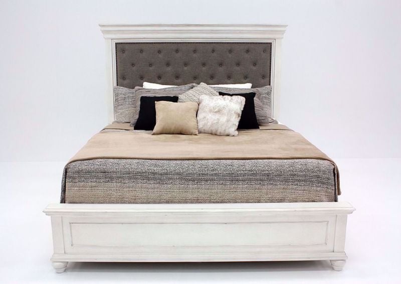 Distressed White Kanwyn Upholstered King Size Bed by Ashley Facing Front | Home Furniture Plus Mattress