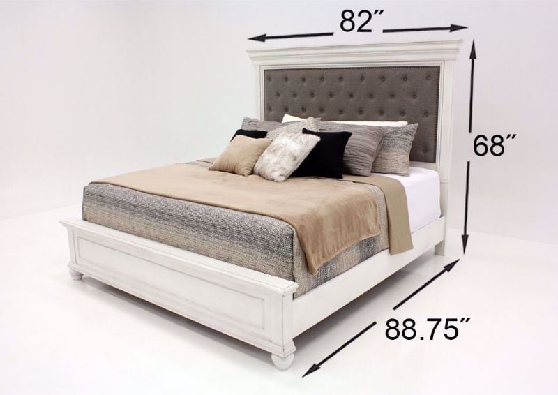 Distressed White Kanwyn Upholstered King Size Bed by Ashley Showing the Dimensions | Home Furniture Plus Mattress