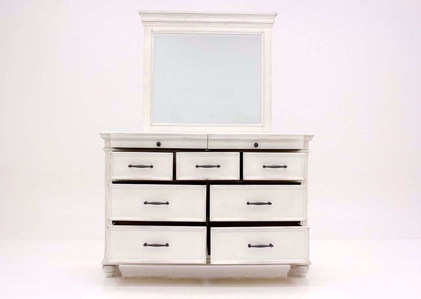 Front Facing View With the Drawers Open on the White Kanwyn Dresser with Mirror by Ashley Furniture | Home Furniture Plus Bedding