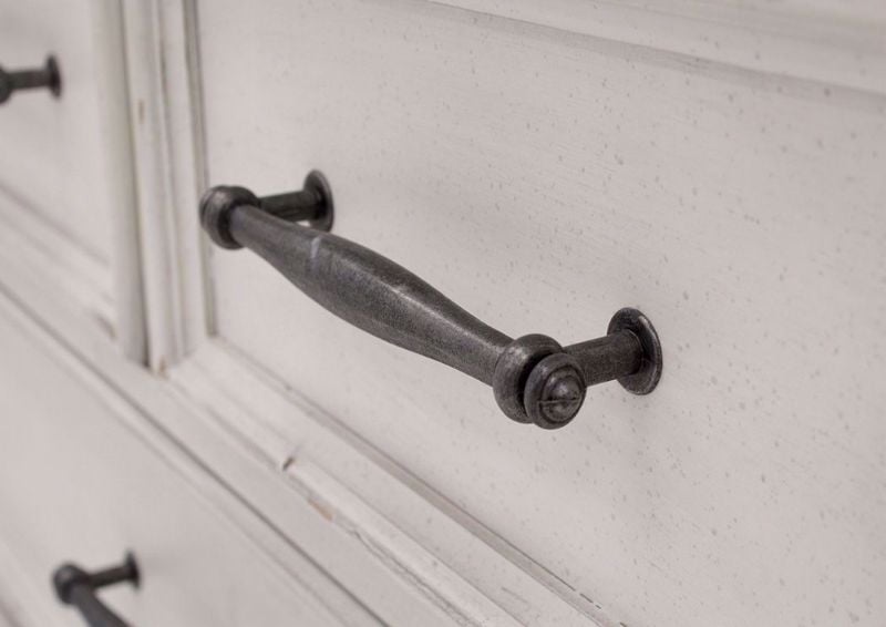 Distressed White Kanwyn Chest of Drawers by Ashley Showing the Drawer Pull | Home Furniture Plus Mattress