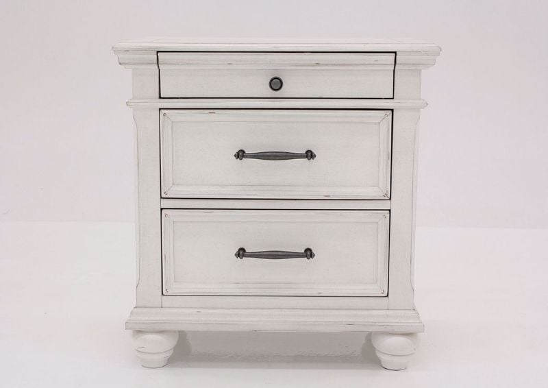 Distressed White Kanwyn 3 Drawer Nightstand by Ashley Facing Front | Home Furniture Plus Mattress