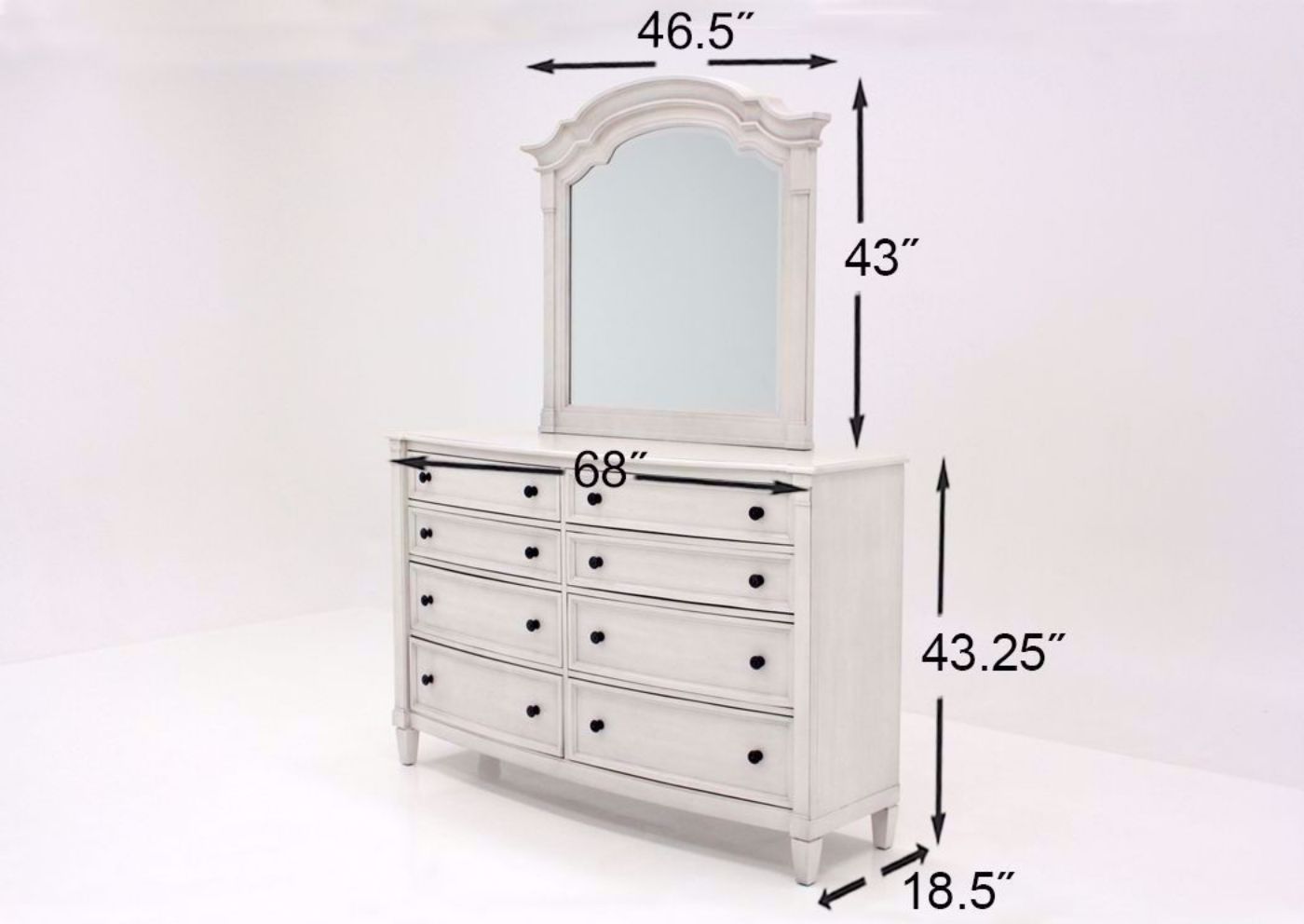 White Mallory Dresser with Mirror by Standard Showing the Dimensions | Home Furniture Plus Mattress