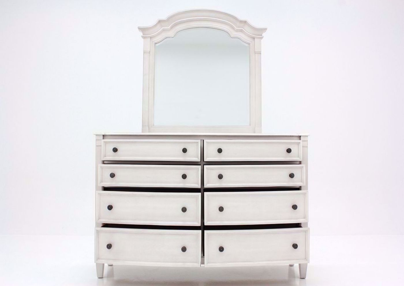 White Mallory Dresser with Mirror by Standard Facing Front With the Drawers Open | Home Furniture Plus Mattress