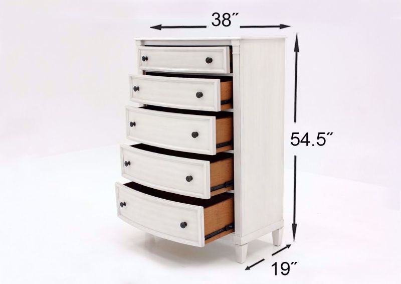 White Mallory Chest of Drawers by Standard Showing the Dimensions | Home Furniture Plus Mattress