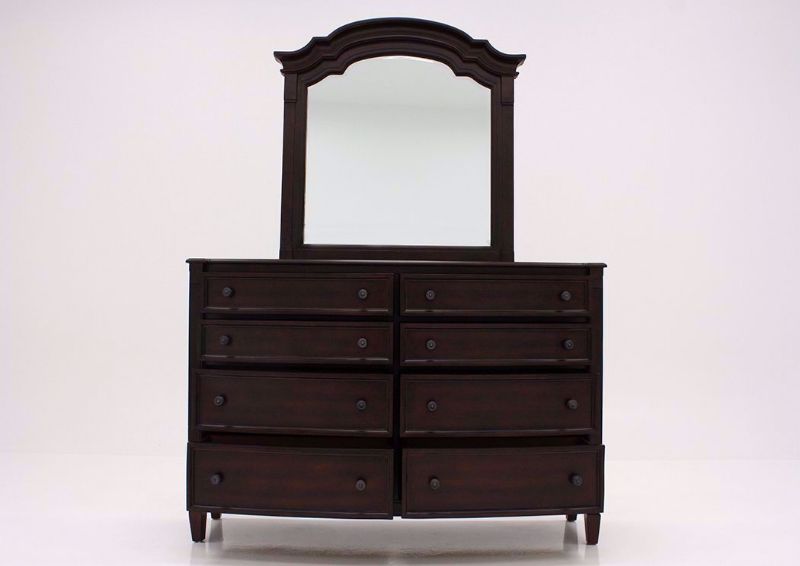 Brown Mallory Dresser with Mirror by Standard Facing Front With the Drawers Open | Home Furniture Plus Mattress