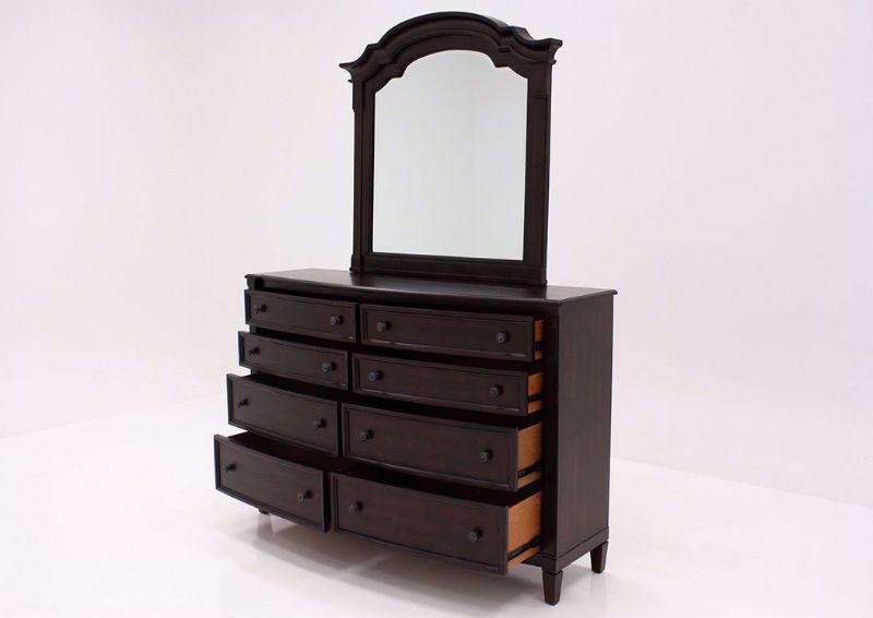 Brown Mallory Dresser with Mirror by Standard at an Angle With the Drawers Open | Home Furniture Plus Mattress