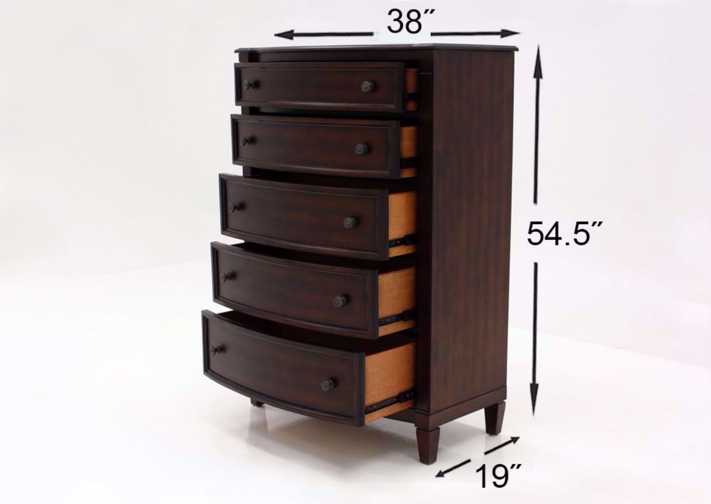 Brown Mallory Chest of Drawers by Standard Showing the Dimensions | Home Furniture Plus Mattress