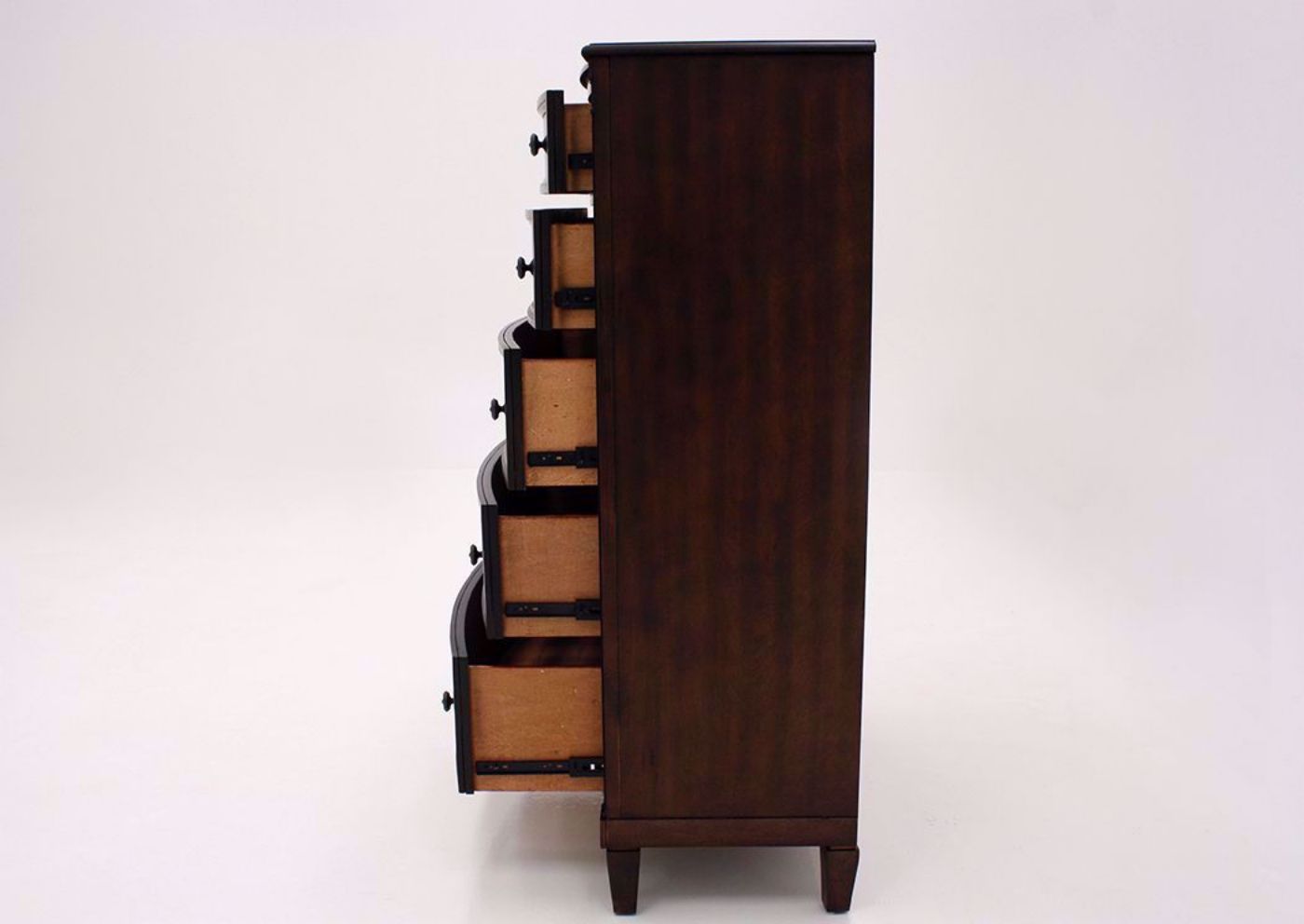 Brown Mallory Chest of Drawers by Standard Showing the Side View With the Drawers Open | Home Furniture Plus Mattress