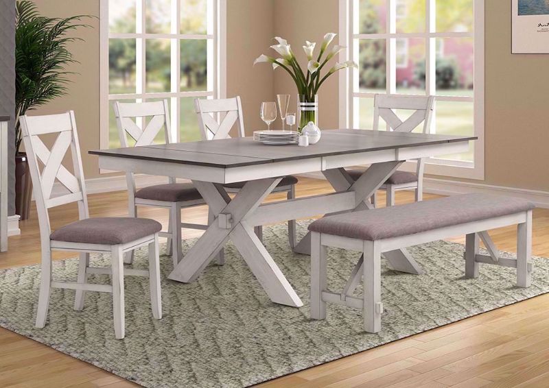 White and Brown Homestead Dining Set with Bench by Bernards in a Room Setting | Home Furniture Plus Bedding