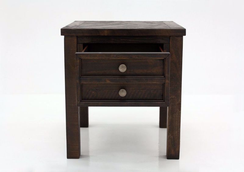 Brown Hillcott End Table by Ashley Facing Front with the Drawer Open | Home Furniture Plus Mattress