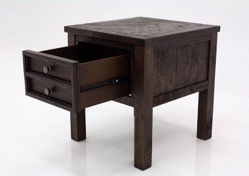 Brown Hillcott End Table by Ashley at an Angle with the Drawer Open | Home Furniture Plus Mattress