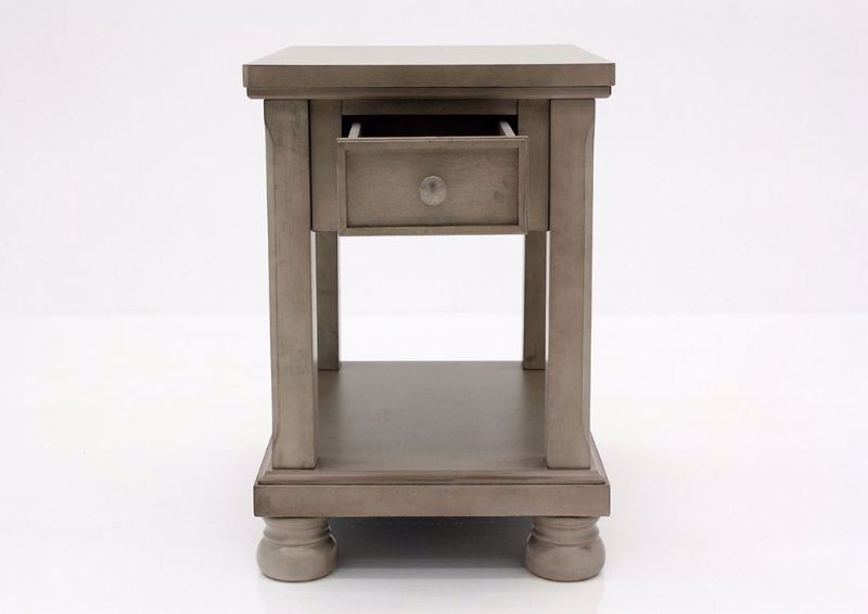 Burnished Gray Lettner End Table by Ashley Furniture Facing Front With the Drawer Open | Home Furniture Plus Mattress