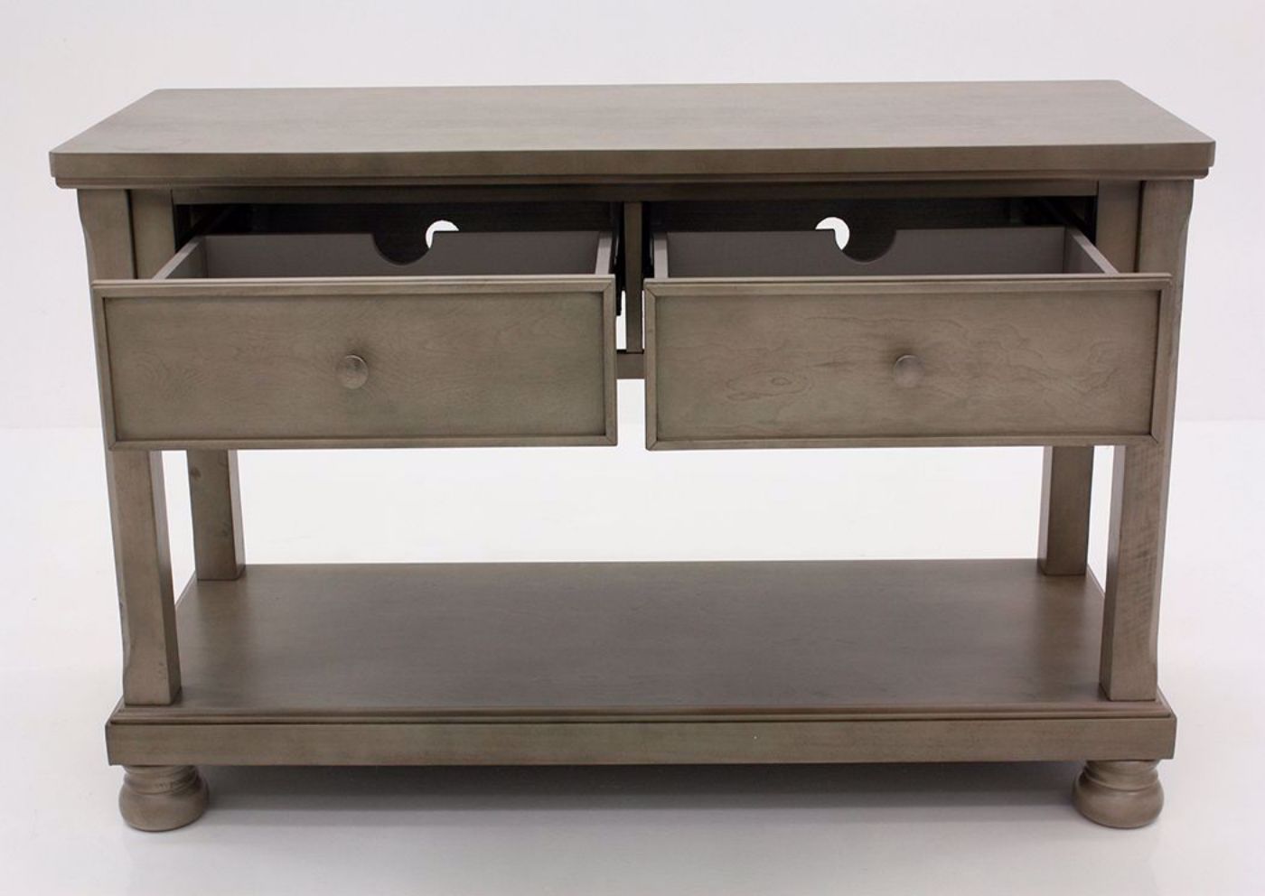 Gray Lettner Sofa Table by Ashley Furniture Facing Front With the Drawers Open | Home Furniture Plus Mattress