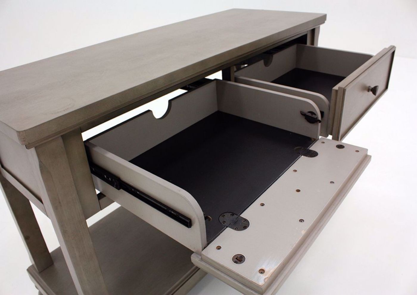 Gray Lettner Sofa Table by Ashley Furniture Showing the Drop Down Drawers Open | Home Furniture Plus Mattress
