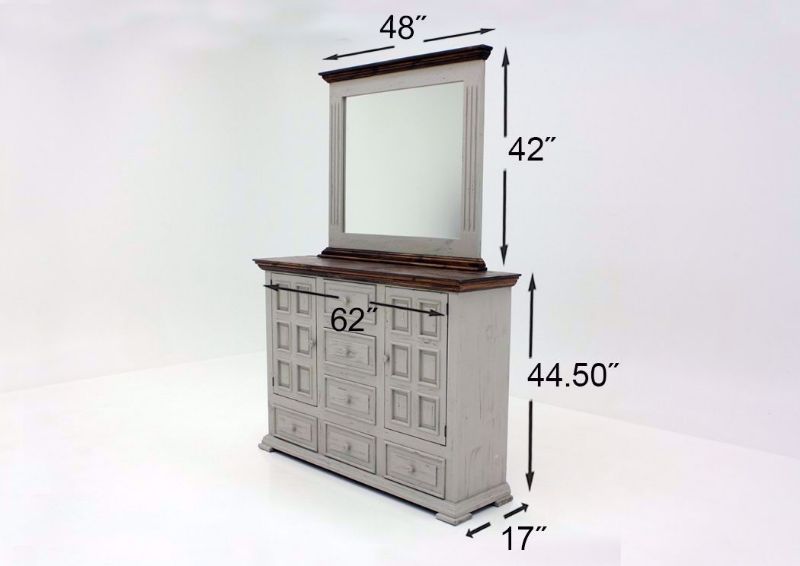 Gray with Brown Lafitte Dresser with Mirror by Texas Rustic Showing the Dimensions | Home Furniture Plus Mattress