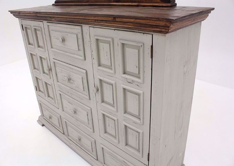 Gray with Brown Lafitte Dresser with Mirror by Texas Rustic Showing the Base Detail | Home Furniture Plus Mattress