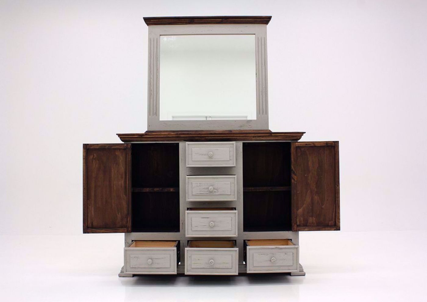 Gray with Brown Lafitte Dresser with Mirror by Texas Rustic Facing Front With the Drawers and Cabinets Open | Home Furniture Plus Mattress