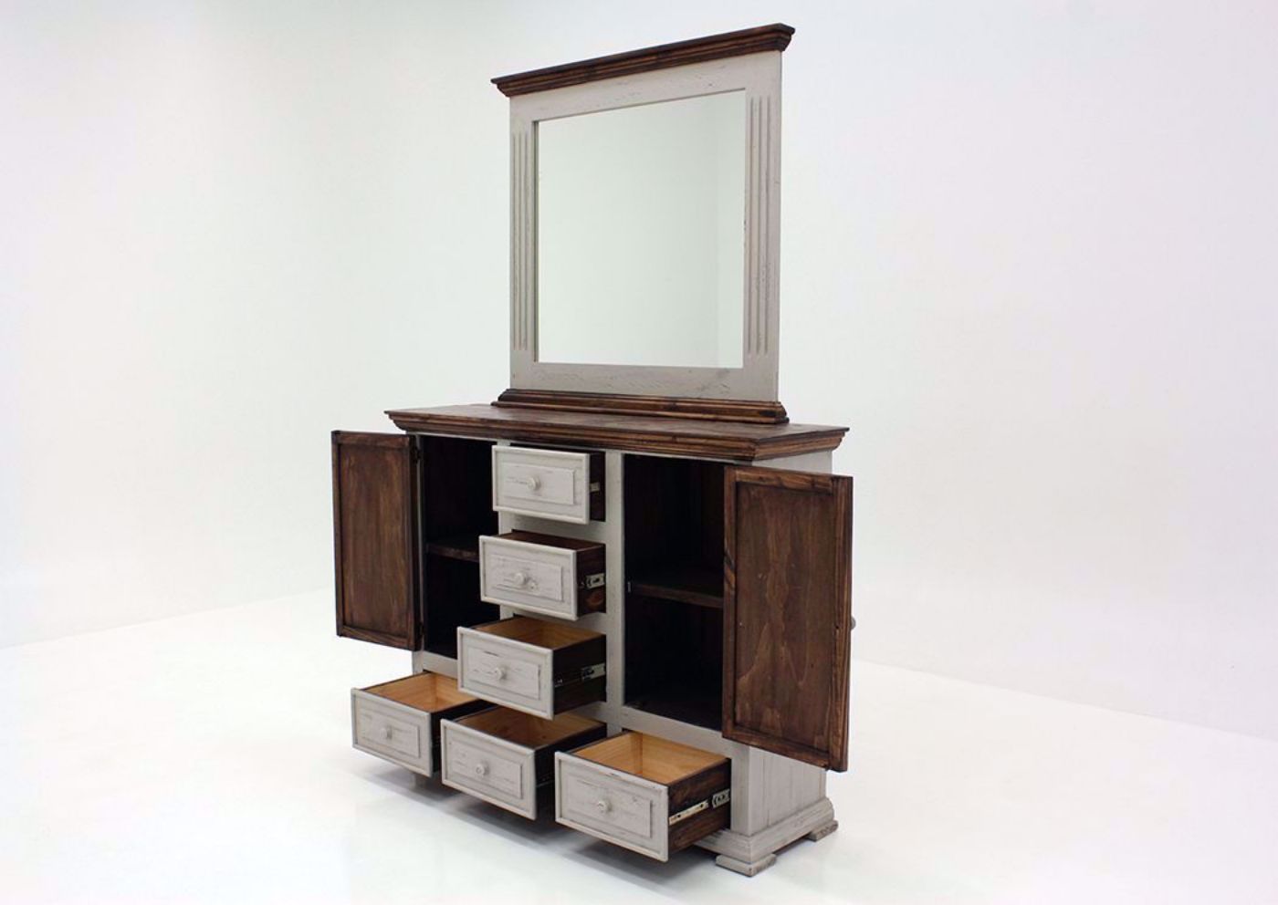Gray with Brown Lafitte Dresser with Mirror by Texas Rustic at an Angle With the Drawers and Cabinets Open | Home Furniture Plus Mattress