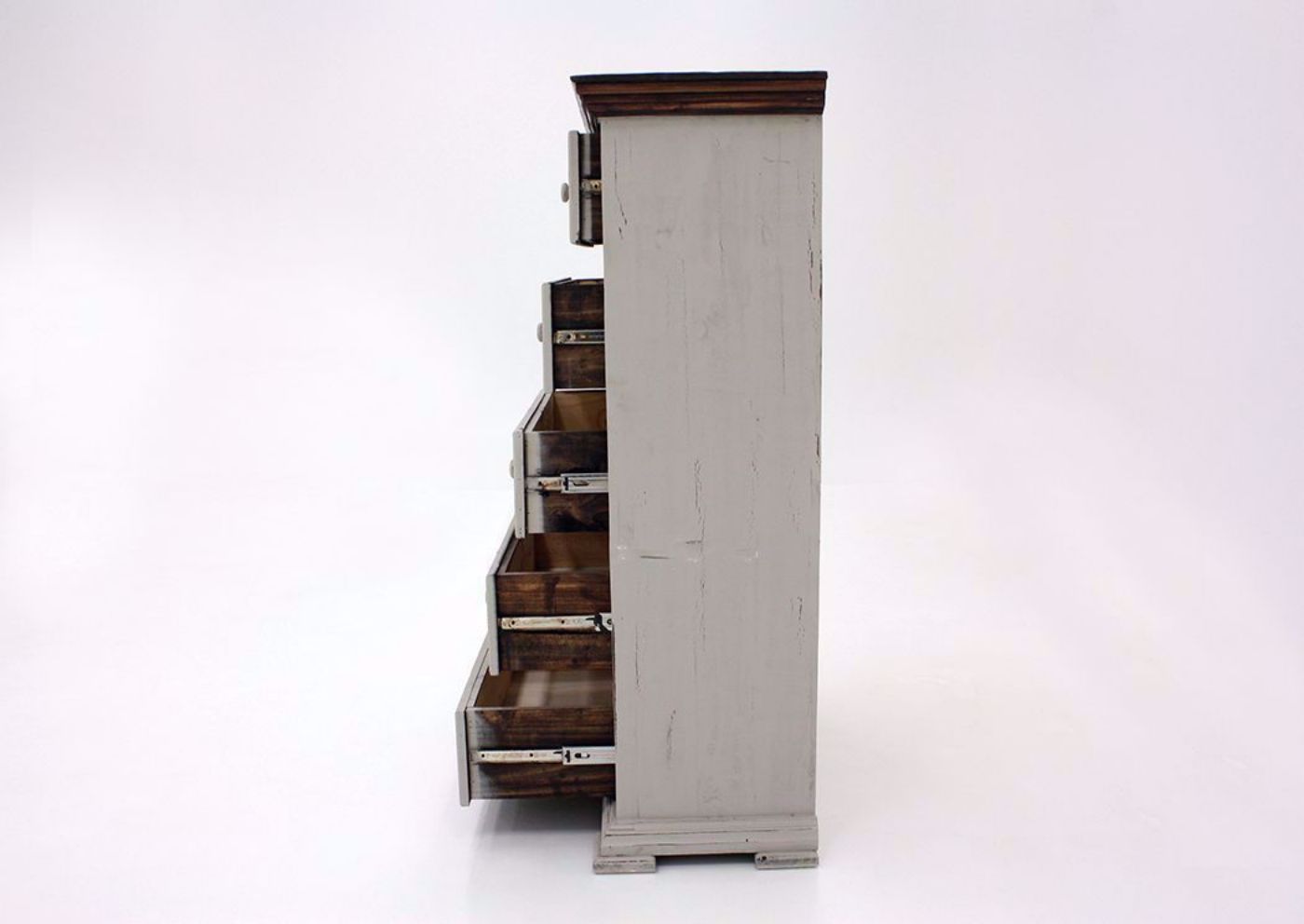 Gray with Brown Lafitte Chest of Drawers by Texas Rustic Showing the Side View With the Drawers Open | Home Furniture Plus Mattress