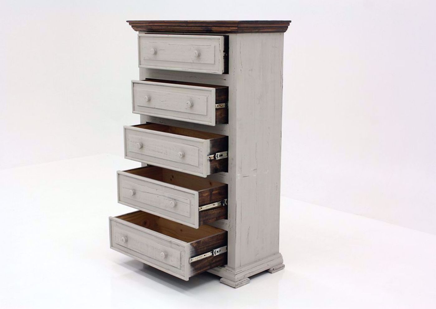Gray with Brown Lafitte Chest of Drawers by Texas Rustic Showing the Angle View With the Drawers Open | Home Furniture Plus Mattress