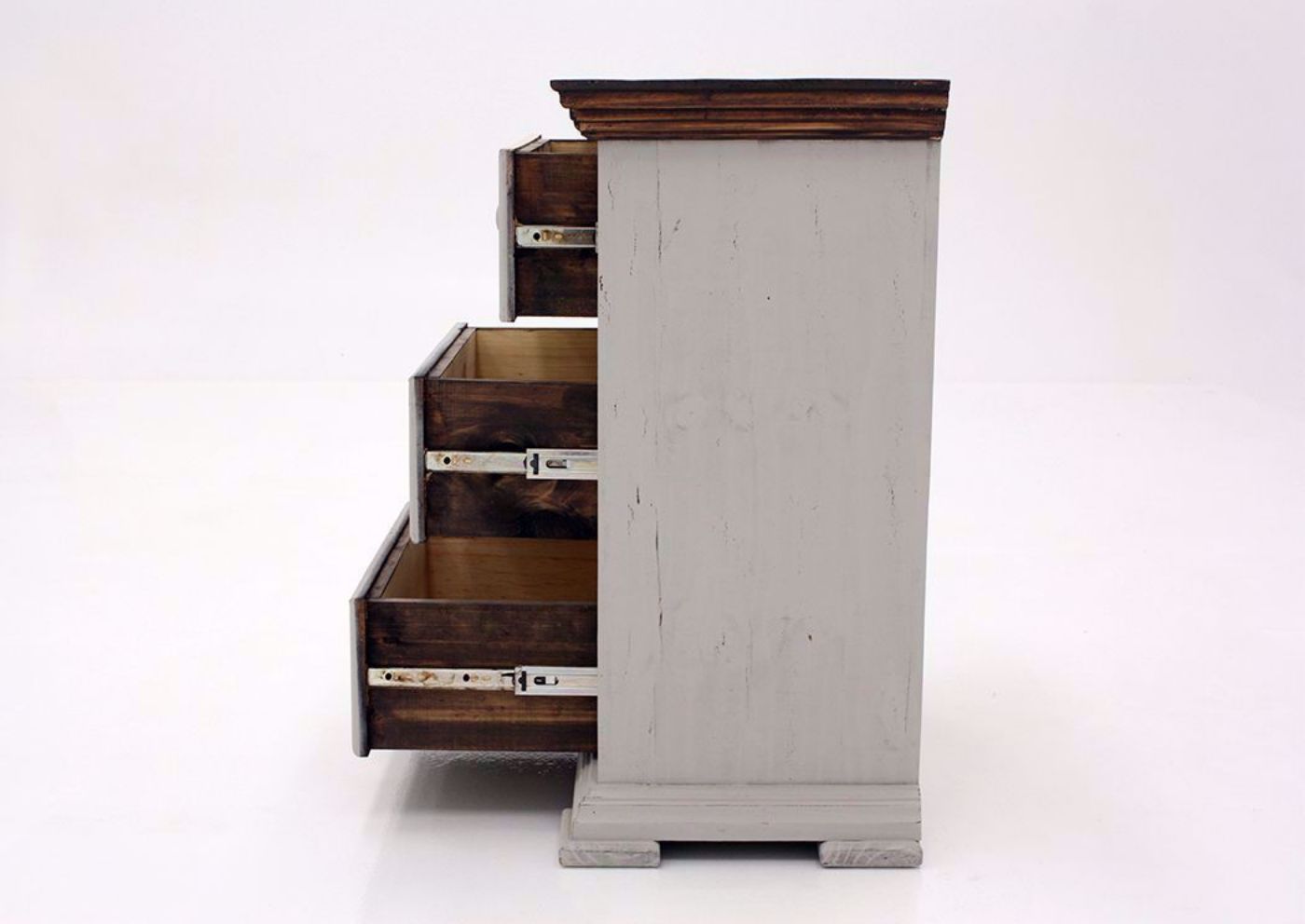 Gray with Brown Lafitte Nightstand by Texas Rustic Showing the Side View With the Drawers Open | Home Furniture Plus Mattress