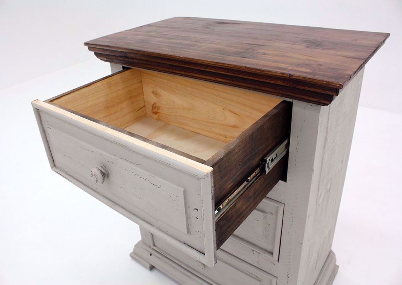 Gray with Brown Lafitte Nightstand by Texas Rustic Showing the Drawer Interior | Home Furniture Plus Mattress